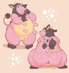  2022 absurd_res anthro anus belly bovid bovine crouching female front_view genitals hi_res horn iamameatballl looking_at_viewer looking_back looking_back_at_viewer mammal miltank nintendo nude overweight overweight_anthro overweight_female pink_body pok&eacute;mon pok&eacute;mon_(species) pussy rear_view solo standing teats udders video_games 