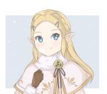  1girl alternate_costume blonde_hair blue_background brown_gloves chocomiru closed_mouth coat gloves long_hair looking_back official_alternate_costume pointy_ears ponytail princess_zelda smile snowing solo the_legend_of_zelda the_legend_of_zelda:_breath_of_the_wild triforce_print white_background winter_clothes winter_coat 