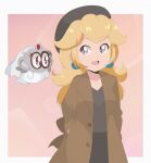  1980s_(style) 2girls alternate_costume artist_name bangs beret black_skirt blue_eyes blush bright_pupils brown_coat chocomiru coat earrings eyebrows_visible_through_hair ghost grey_shirt hat jewelry long_hair looking_back mario_(series) multiple_girls official_alternate_costume open_mouth princess_peach retro_artstyle shirt signature skirt smile super_mario_odyssey tiara_(mario) upper_body veil 