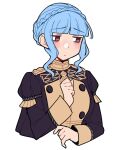  1girl bangs blue_hair blunt_bangs blush braid brown_eyes buttons closed_mouth cropped_torso crown_braid do_m_kaeru epaulettes eyebrows_visible_through_hair fire_emblem fire_emblem:_three_houses garreg_mach_monastery_uniform highres long_sleeves looking_away marianne_von_edmund short_hair short_hair_with_long_locks sidelocks simple_background solo uniform white_background 