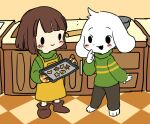  1boy 1other apron asriel_dreemurr baking_sheet bangs blush bob_cut brown_hair brown_pants chara_(undertale) cookie food furry furry_male green_shirt heart kitchen long_sleeves looking_at_another medium_hair multicolored_shirt oven_mitts pants semi_kon shirt tail turtleneck undertale white_fur yellow_shirt 