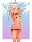 1girl animal_ears arms_behind_head bangs bikini black_bikini blue_background border character_request commentary_request copyright_request dot_mouth feet_out_of_frame flat_chest gradient gradient_background long_hair looking_at_viewer looking_to_the_side maki_(natoriumu) navel_piercing outside_border piercing pink_background purple_eyes rabbit_ears rabbit_tail romaji_text short_bangs side-tie_bikini sidelocks solo string_bikini swimsuit tail white_border white_hair 