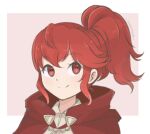  1girl anna_(fire_emblem) artist_name bangs border chocomiru cloak closed_mouth eyebrows_visible_through_hair fire_emblem fire_emblem_fates hair_between_eyes looking_at_viewer lowres red_background red_eyes red_hair short_hair signature simple_background smile solo upper_body white_border 