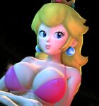  1girl 3d alternate_costume bangs bikini bikini_top_only blonde_hair blue_eyes closed_mouth crown earrings eyebrows jewelry jinouga97 looking_at_viewer mario_(series) princess_peach smirk solo swimsuit tiara upper_body 