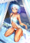  1girl absurdres babydoll barefoot blue_hair dark-skinned_female dark_skin flat_chest highres mitsukuni navel panties purple_eyes seiza short_hair sitting skinny solo soui underwear wixoss 