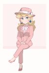  1girl aqua_eyes artist_name bangs blonde_hair blue_eyes brown_hair chocomiru closed_mouth cosplay earrings jewelry long_hair looking_at_viewer mario_(series) pants pauline_(mario) pauline_(mario)_(cosplay) pink_headwear pink_pants princess_peach signature sitting smile solo super_mario_odyssey 