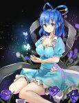  1girl blue_dress blue_eyes blue_flower blue_hair blush breasts bug butterfly cleavage collarbone dark_background dress flower foot_out_of_frame hagoromo hair_ornament hair_rings hair_stick highres kaku_seiga light_particles light_smile looking_at_viewer medium_breasts puffy_short_sleeves puffy_sleeves shawl shironeko_yuuki short_hair short_sleeves simple_background sitting solo touhou vest 