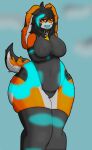  absurd_res anthro arm_warmers armwear big_breasts big_butt blue_tongue breasts butt clothed clothing digital_media_(artwork) embarrassed female firestrot fur girly glowing_underneath_clothes hair hi_res huge_butt huge_hips lagomorph legwear leporid looking_at_viewer mammal nipples open_mouth orange_body orange_fur rabbit sharp_teeth simple_background solo suggestive_pose teeth thick_thighs thigh_highs tight_clothing tongue 