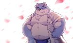  2022 anthro asian_clothing belly big_belly blue_body blue_clothing blue_fundoshi blue_underwear cai_yuwang clothed clothing east_asian_clothing eyewear fundoshi glasses hi_res humanoid_hands japanese_clothing kemono male mammal moobs open_clothing open_shirt open_topwear overweight overweight_male shirt solo topwear underwear ursid white_body 