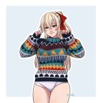  1girl absurdres blonde_hair blush commentary hair_between_eyes hair_ribbon highres korzinka_persikiv light_smile long_hair long_sleeves looking_at_viewer original outside_border panties ponytail red_eyes ribbon signature simple_background solo sweater underwear white_panties 