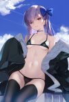  1girl artist_name bangs bare_shoulders bikini black_bikini black_legwear blue_sky bow breasts choker cloud collarbone commentary_request day fate/grand_order fate_(series) hair_bow hair_ornament highres long_coat long_hair long_sleeves looking_at_viewer medium_breasts meltryllis_(fate) meltryllis_(swimsuit_lancer)_(fate) navel off_shoulder outdoors parted_lips purple_eyes purple_hair signature siino simple_background sitting sky sleeves_past_wrists smile solo stomach swimsuit thighhighs thighs 
