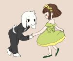  1boy 1girl arm_behind_back asriel_dreemurr bangs blush bob_cut bow bowing bowtie brown_hair chara_(undertale) clothes_lift dress flower food furry furry_male green_dress green_footwear long_sleeves looking_at_another medium_hair pants semi_kon shirt simple_background skirt skirt_lift tan_background tuxedo undertale white_fur 