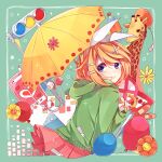  1girl balloon bandages bandaid bangs blonde_hair blue_eyes bottle bow bright_pupils earbuds earphones giraffe green_sweater hair_bow headphones highres kagamine_rin medium_hair mikan_(kuriyu405) pink_skirt road_sign sign skirt solo sweater traffic_light umbrella vocaloid water_bottle 