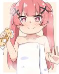  1girl bangs bare_arms bare_shoulders blush brown_background brown_eyes closed_mouth collarbone commentary_request eyebrows_visible_through_hair hair_ornament highres holding kapuru_0410 long_hair looking_at_viewer naked_towel red_hair smile soap_bubbles solo sponge tanemura_koyori towel twintails two-tone_background upper_body very_long_hair watashi_ni_tenshi_ga_maiorita! white_background x_hair_ornament 
