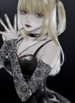  1girl amane_misa bangs belt_collar black_nails blonde_hair breasts collar death_note detached_sleeves dress earrings highres jewelry long_hair looking_at_viewer necklace own_hands_together satoukusuri simple_background smile solo symbol-only_commentary 