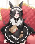  1girl absurdres alternate_costume animal_ears black_hair blush coco_(coco_rr) commentary_request couch gothic_lolita hair_over_one_eye headband highres horse_ears horse_girl lolita_fashion open_mouth purple_eyes rice_shower_(umamusume) sitting stuffed_animal stuffed_toy teddy_bear umamusume valentine 