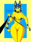  2022 absurd_res animal_crossing ankha_(animal_crossing) anthro blue_hair blue_nipples blue_pussy domestic_cat dominant dominant_female egyptian felid feline felis female first_person_view frown genitals hair half-closed_eyes hi_res holding_leash holding_object jewelry leash looking_at_viewer mammal narrowed_eyes necklace nintendo nipple_chain nipple_piercing nipples nude piercing portrait pussy solo surrealatorium three-quarter_portrait unseen_character video_games wide_hips yellow_body 