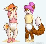  2016 ambiguous_gender anthro archived_source bodily_fluids clothed clothing diaper digital_drawing_(artwork) digital_media_(artwork) dipstick_ears duo fur genital_fluids hair leaking_diaper leaking_urine monsterbunny multicolored_ears shirt simple_background standing topwear urine urine_puddle wet_diaper wetting young 