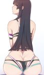  1girl ass bangs black_hair blunt_bangs breasts dead_or_alive eyebrows_visible_through_hair from_behind hime_cut konishiki_(52siki) large_breasts long_hair mole mole_under_mouth nyotengu purple_eyes simple_background sitting solo swimsuit white_background 