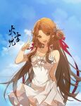  1girl bare_shoulders blue_sky brown_hair dress hair_rings highres huo_linger_(wanmei_shijie) huo_linger_tongren_she long_hair looking_at_viewer ribbon sky smile wanmei_shijie weibo_id weibo_logo white_dress 