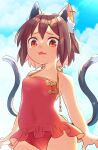  1girl :3 adapted_costume animal_ear_fluff animal_ears bare_arms bare_shoulders blue_sky breasts brown_eyes brown_hair cat_ears cat_tail chen cloud contrapposto cowboy_shot day disgust earrings fang frills from_below hat highres ibaraki_natou jewelry looking_at_viewer mob_cap multiple_tails nekomata one-piece_swimsuit open_mouth outdoors piercing short_hair single_earring sky small_breasts solo swimsuit tail touhou two_tails 