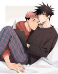  2boys bed black_hair black_shirt blush book brown_eyes closed_mouth facial_mark fushiguro_megumi green_eyes head_on_another&#039;s_shoulder highres holding holding_book hood hood_down hoodie itadori_yuuji jujutsu_kaisen leaning_on_person long_sleeves looking_at_another male_focus multiple_boys on_bed pants pillow pink_hair plaid plaid_pants red_hoodie scar scar_on_face scar_on_mouth shirt short_hair sitting somwang_07 spiked_hair undercut yaoi 