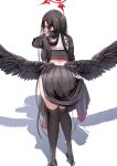  1girl absurdres ass bent_over black_footwear black_gloves black_hair black_legwear black_serafuku black_shirt black_skirt black_wings blue_archive breasts closed_mouth commentary_request crop_top feathered_wings from_behind gloves half_gloves halo hasumi_(blue_archive) high_heels highres large_breasts long_hair long_sleeves looking_at_viewer looking_back low_wings midriff pizzasi pleated_skirt red_eyes sailor_collar school_uniform serafuku shadow shirt shoes skirt solo standing thighhighs very_long_hair white_background white_sailor_collar wings 