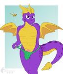  absurd_res activision anthro bulge claws clothing dragon genital_outline genitals hi_res horn infinibeans male membrane_(anatomy) membranous_wings mischievous penis penis_base penis_outline purple_body purple_eyes purple_scales scales solo sparx spyro spyro_the_dragon standing thong underwear video_games wings yellow_body 