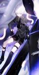  1boy absurdres bishounen black_gloves black_legwear coffin flower formal garter_straps gloves highres juexing_(moemoe3345) male_focus necktie original pale_skin purple_eyes rose shoes short_hair shorts snake socks solo thighs white_hair white_snake 