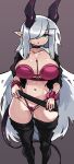  absurd_res big_breasts bottomwear breasts clothed clothing clothing_lift demon demon_humanoid female hair hair_over_eye hi_res humanoid legwear long_hair navel one_eye_obstructed skirt skirt_lift solo thigh_highs zanamaoria 