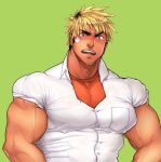  1boy bara black_hair blonde_hair blush close-up collared_shirt ear_piercing frown highres kuromine_hiraya large_pectorals looking_at_viewer male_focus manly muscular muscular_male open_mouth original pectorals piercing shirt solo spiked_hair sweat sweatdrop t-shirt tight upper_body veins veiny_arms yellow_eyes 