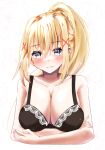  1girl absurdres bangs black_bra blonde_hair blue_eyes blush bra breasts bright_pupils cleavage darkness darkness_(konosuba) expressionless hair_between_eyes highres kono_subarashii_sekai_ni_shukufuku_wo! large_breasts long_hair looking_at_viewer ponytail solo sparkle underwear very_long_hair yumenoakagi 