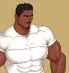  1boy abs bara beard black_hair broad_shoulders brown_eyes close-up dark-skinned_male dark_skin facial_hair kuromine_hiraya male_focus manly mature_male muscular muscular_male nipples original shirt smile solo spiked_hair stubble t-shirt thick_arms thick_eyebrows tight upper_body veins veiny_arms 
