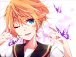  1boy blonde_hair bug butterfly earrings jewelry kagamine_len migikata_no_chou_(vocaloid) mikan_(kuriyu405) nail nail_polish necktie one_eye_closed purple_butterfly shirt short_hair short_sleeves solo upper_body vocaloid yellow_nails 