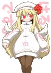  1girl adapted_costume black_legwear blonde_hair blush closed_mouth eyebrows_visible_through_hair fairy fairy_wings feet_out_of_frame hat jacket lily_white long_hair long_sleeves pantyhose red_eyes simple_background smile solo touhou twitter_username white_background white_headwear white_jacket wings zannen_na_hito 