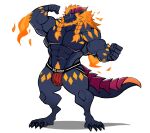  abs absurd_res anthro beard braided_hair bulge claws clothed clothing dark_body darknaigart dragon elbow_tufts facial_hair fire flexing hair hi_res horn jockstrap male muscular muscular_anthro muscular_male orange_hair pecs scalie simple_background solo topless underwear white_background 