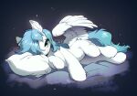  blue_hair blue_tail cutie_mark equid equine eyelashes fan_character feathered_wings feathers female feral fur green_eyes hair hasbro hi_res inner_ear_fluff lying mammal my_little_pony pegasus pillow solo swaybat tuft white_body white_fur wings 