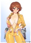  1girl april_o&#039;neil blush bodysuit breasts brown_hair camera closed_mouth collarbone kajin_(kajinman) large_breasts lips looking_at_viewer microphone seductive_smile short_hair smile solo standing teenage_mutant_ninja_turtles watch wristwatch yellow_bodysuit zipper zipper_pull_tab 