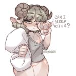  anthro areola bottomless bovid caprine ch4ng3 clothed clothing dialogue female genitals hair hi_res mammal pussy shirt simple_background solo thick_thighs topwear white_background 