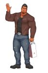  1boy abs bag bara beard belt biceps black_hair brown_eyes facial_hair grocery_bag hand_up highres jacket kuromine_hiraya large_pectorals leather_belt looking_at_viewer male_focus manly mature_male muscular muscular_male open_clothes open_jacket open_mouth original pants pectorals shirt shoes shopping_bag solo spiked_hair t-shirt tan thick_arms thick_eyebrows thick_thighs thighs tight torn_clothes torn_pants unzipped white_background 