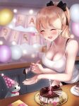  1girl balloon bare_shoulders black_bow black_shorts blonde_hair blush bow box bra_strap breasts cake candle cat chocolate_cake cleavage closed_eyes fang feeding food fork gift gift_box green_eyes hair_bow happy happy_birthday hat heart highres holding holding_fork indoors large_breasts licking_lips mole mole_under_eye open_mouth original party_hat ponytail shirosaba shorts table tank_top tongue tongue_out upper_body white_tank_top 