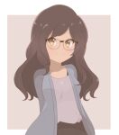  1girl bangs brown_hair chocomiru closed_mouth dark-skinned_female dark_skin eyebrows_visible_through_hair glasses long_hair looking_at_viewer original purple_shirt shirt smile solo sweater tan upper_body wavy_hair 