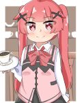  1girl bangs black_skirt blush bow closed_mouth coffee collared_shirt commentary_request cosplay cup eyebrows_visible_through_hair gochuumon_wa_usagi_desu_ka? hair_ornament highres holding hoto_cocoa hoto_cocoa_(cosplay) kapuru_0410 long_hair long_sleeves looking_at_viewer pink_vest rabbit_house_uniform red_bow red_eyes red_hair saucer shirt skirt smile solo tanemura_koyori twintails uniform very_long_hair vest waitress watashi_ni_tenshi_ga_maiorita! white_shirt x_hair_ornament 