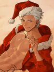  1boy abs archer_(fate) bara commentary_request dark-skinned_male dark_skin fate/grand_order fate/stay_night fate_(series) g0ringo grey_eyes hat large_pectorals male_focus muscular muscular_male pectorals santa_costume santa_hat short_hair smile solo white_hair 