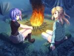  2girls alpha_(yukai_na_nakamatachi) bangs black_footwear black_shirt blonde_hair blue_eyes campfire camping character_request closed_mouth eye_contact floating_hair frilled_skirt frills full_body game_cg grey_skirt hair_between_eyes hair_ornament hood hood_down hooded_jacket jacket looking_at_another makishima_amane medium_hair miniskirt multiple_girls night okiba_ga_nai! outdoors purple_hair shiny shiny_hair shirt short_sleeves sitting skirt striped striped_jacket thighhighs white_legwear 