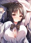  1girl animal_ears azur_lane bangs black_bow black_bowtie black_hair blush bow bowtie breasts button_gap cat_ears cat_girl cleavage closed_mouth collared_shirt eyebrows_visible_through_hair from_above hair_ornament hairclip highres large_breasts long_hair long_sleeves looking_at_viewer lying madotsukumo official_alternate_costume on_back ooshio_(azur_lane) ooshio_(let&#039;s_&#039;ave_lunch)_(azur_lane) red_eyes shiny shiny_hair shiny_skin shirt smile solo upper_body white_shirt wing_collar 