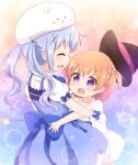  2girls :d ^_^ age_regression angora_rabbit animal_on_head araki495 bare_arms bare_shoulders black_headwear blue_bow blue_dress blue_flower blue_hair blush bow brown_hair bunny child closed_eyes commentary_request dress flower gloves gochuumon_wa_usagi_desu_ka? hair_flower hair_ornament hat hat_removed headwear_removed highres hoto_cocoa kafuu_chino long_hair magical_girl multiple_girls on_head one_side_up open_mouth pink_flower pleated_dress profile puffy_short_sleeves puffy_sleeves purple_eyes revision shirt short_sleeves sleeveless sleeveless_dress smile star_(symbol) time_paradox tippy_(gochiusa) twintails white_dress white_gloves white_shirt witch_hat x_hair_ornament younger yuri 