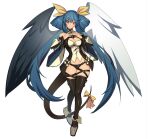  1girl angel_wings asymmetrical_wings bangs belt black_legwear black_panties blue_hair breasts choker cleavage closed_mouth detached_collar detached_sleeves distr dizzy_(guilty_gear) eyebrows_visible_through_hair full_body guilty_gear guilty_gear_xrd hair_between_eyes hair_ribbon hair_rings highres large_breasts long_hair looking_at_viewer mature_female monster_girl panties red_eyes revealing_clothes ribbon sidelocks simple_background smile strap tail tail_ornament tail_ribbon thick_thighs thigh_gap thigh_strap thighs twintails underwear white_background wide_sleeves wings yellow_ribbon 