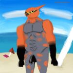  anthro avian beach black_body black_fur cloud destruction21 fur genitals grey_body grey_fur hi_res male multicolored_body muscular muscular_male nintendo penis pok&eacute;mon pok&eacute;mon_(species) sand seaside sky solo spots talonflame video_games water 