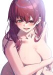  1girl :d absurdres bangs blush breasts covering covering_breasts eyebrows_visible_through_hair hair_between_eyes heterochromia highres hololive houshou_marine large_breasts long_hair looking_at_viewer mikan_(chipstar182) nude red_eyes red_hair simple_background smile solo virtual_youtuber wet white_background yellow_eyes 